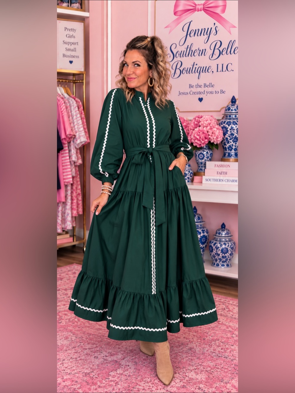 Dark Green Dress with White Trim